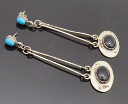 MEXICO 925 Silver - Vintage Pendulum Drop Turquoise &amp; Onyx Earrings - EG12541 - £77.56 GBP