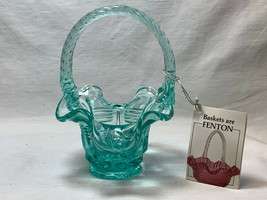 Fenton Art Glass Aquamarine Basket Vase Trinket Candy Dish Handmade Ruff... - $49.95