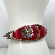 Vintage Mexico Silver Tone Abalone Shell Flower Red Inlay Hinge Bangle B... - $24.74