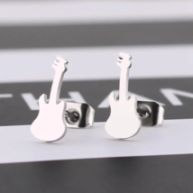 Stainless Steel Gold Plated Guitar Shape Stud Earrings Unisex Color Silver - £9.95 GBP