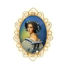 Vtg Signed 12k Gold Filled A&amp;Z Hand Painted Lady Porcelain Cameo Oval Pendant - £36.45 GBP