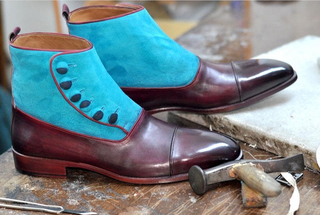 NEW Handmade Sky Blue Brown Ankle High Button boot, Men's Leather Suede Cap Toe
