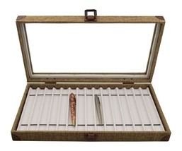 Burlap Dark Beige Metal Clasp Pen Case Box Organizer Antique Pen Collection - £39.92 GBP