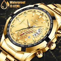 Luxury Waterproof Gold Men&#39;S Watch Stainless Steel Analog Quartz Wristwa... - £21.96 GBP