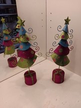 2 Tin Christmas Tree Glitter Whimsical Polka Dot Swirl Star Magenta Blue Green - £19.90 GBP