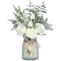 Faux Flowers With Vase,Artificial Silk Roses In Vase, Fake Plant Eucalyptus Flow - £32.92 GBP