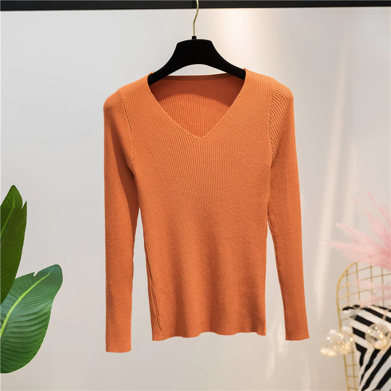 Orange Autumn And Winter V-neck Knitted Long-sleeved Slim - £27.99 GBP
