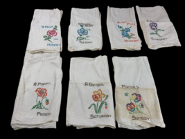 Vintage Days of the Week Tea Towels Set Lot 7 Day Floral Embroidered Flour Sack - £73.58 GBP