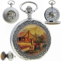 Mechanical Pocket Watch Deer Design Silver Men with Chain and Gift Box 14A - £24.37 GBP