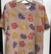 VINTAGE KATHY CHE FLORAL SHORT SLEEVE SILKY BOXY BEIGE TOP BLOUSE SIZE L... - $11.88