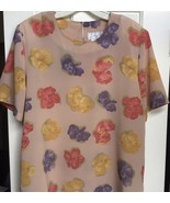 VINTAGE KATHY CHE FLORAL SHORT SLEEVE SILKY BOXY BEIGE TOP BLOUSE SIZE L... - £9.38 GBP