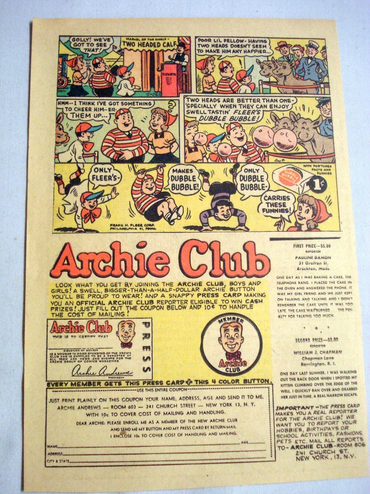 Primary image for 1942 Color Ad Fleer Double Bubble Chewing Gum with Archie Club Membership