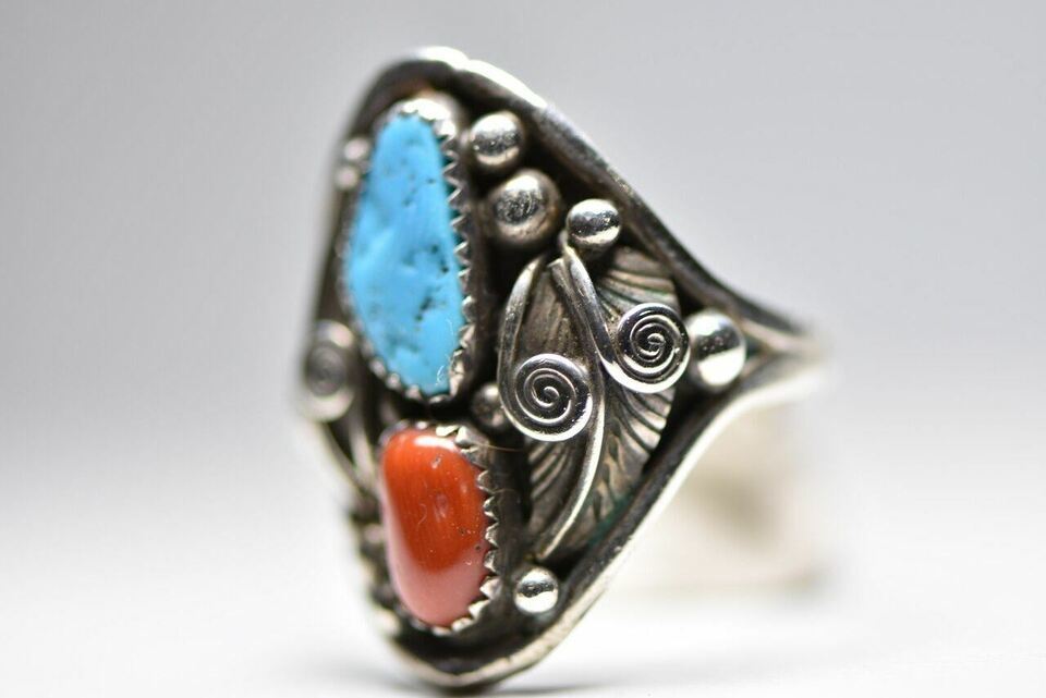Turquoise ring Coral band sterling silver women men Size 10.75 Item image 2