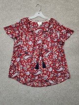 Knox Rose Floral Blouse Top Womens L Red Sheer Lightweight Bohemian Tassels - £19.60 GBP