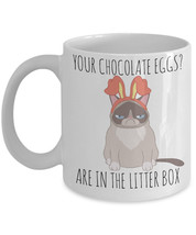 Grumpy Cat Mug With Rabbit Ears &quot;Your Chocolate Eggs Are In The Litter Box Funny - £11.98 GBP