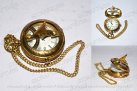 Antique Vintage Maritime Push Button Brass Sundial Pocket Watch with Chain-Gift - £15.04 GBP