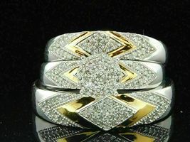 2Ct Simulated Diamond Wedding His Her Trio Bridal Set 925 Silver Gold Plated - £84.97 GBP