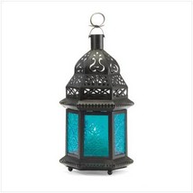 Moroccan  Blue Glass Hanging Lantern  Free Standing Lamp Candle Holder  - £13.57 GBP