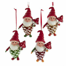 Kurt Adler Set Of 4 Pinecone Mushroom Gnome Woodland Resin Xmas Ornaments D3784 - £29.48 GBP