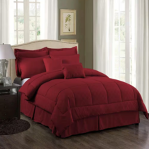 Queen Comforter Set 10-PC Bedding Sheets Bed Skirt Burgundy Red Solid Microfiber - £85.26 GBP