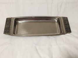 Rectangular aluminum serving bread tray floral embossed handles silver metal - $13.95