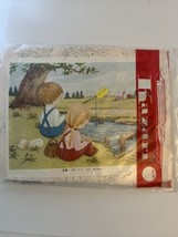 Vintage Japanese Kazari Punch Embroidery Kit Boy &amp; Girl Fishing - $40.82