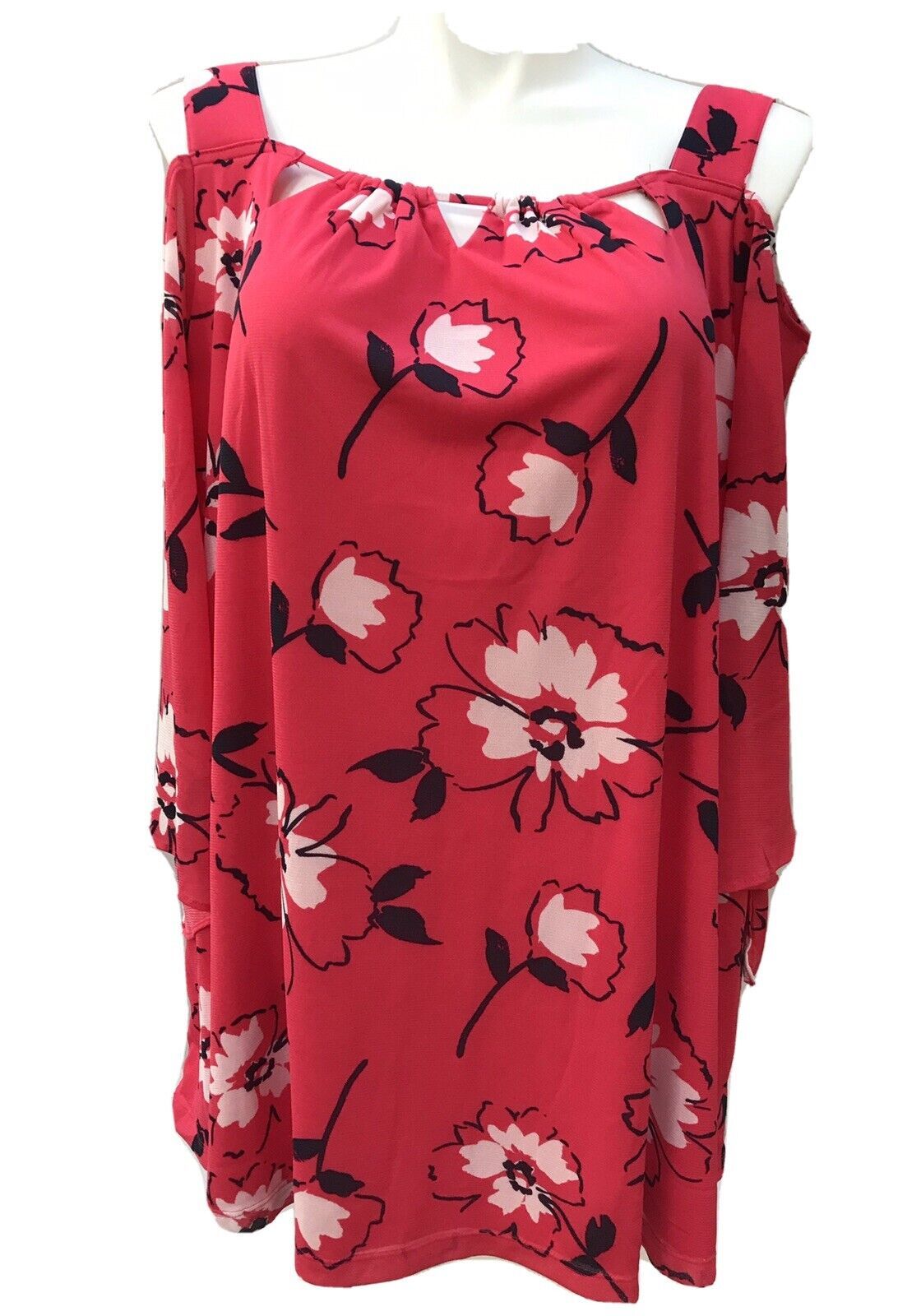 Catherines Blouse Womens Cold Shoulder Pink Red Floral Batwing Top Lined... - $26.97