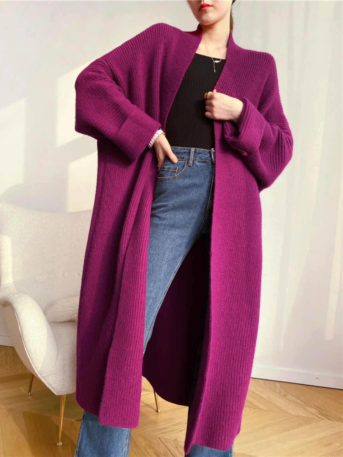 Korean Fashion &#39;s Long Trench Coat Knit Cardigan Designer Autumn Winter Warmth   - £238.76 GBP