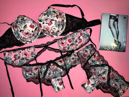 Victoria&#39;s Secret 34C,34DDD,36C,36DD Bra Set+Garter Black Pink Floral Applique - £116.78 GBP