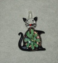 Murano Art Glass KITTY CAT Pendant Black &amp; Green 2&quot; - $8.42