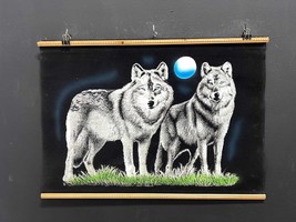 Stunning Hand-Painted Black Velvet Artwork , Wolf couple under moon  Ill... - £76.52 GBP