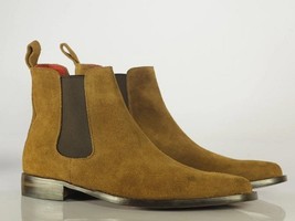 Handmade Chelsea Boot Brown Color Side Elastic Slip On Suede Leather Boot For Me - £119.89 GBP