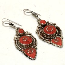 Red Coral Gemstone Handmade Bohemian Drop/Dangle Earrings Nepalese 2.50&quot; SA 3469 - £4.77 GBP