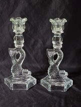Vintage Dalzell Viking Clear Glass Dolphin Koi Fish Candlestick Mid-Cent... - $79.98