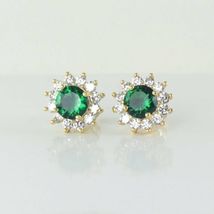 14K Yellow Gold-Finish 1.25Ct Round Cut Emerald &amp; Diamond Studs Flower Earrings  - £63.88 GBP