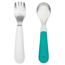 Baby toddler feeding utensils fork spoon set self feeding stainless steel teal - £8.76 GBP