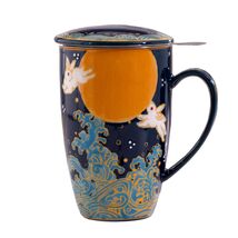 Blue Moon White Rabbit 15oz Porcelain Tea Mug With Lid &amp; Stainless Steel... - $24.99