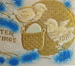 Easter Greetings Postcard Deep Embossed Gold Basket Chicks Blue Flowers Vintage  - £12.30 GBP