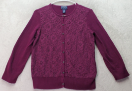 Chaps Cardigan Women&#39;s Petite Medium Maroon Lace Floral Long Sleeve Button Front - £14.09 GBP