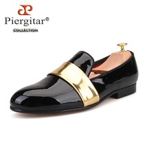 handmade leather men&#39;s loafers with gold patent leather stripe fashion party and - £221.49 GBP