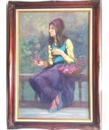 Painting Philippe Alfieri Girl With Roses Oil On Canvas Signed 1960s Ita... - £7,836.43 GBP