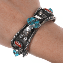 6 3/8&quot; 1970&#39;s Native American sterling, turquoise, and coral cuff bracelet - $247.50