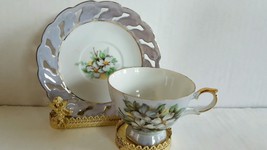 Gorgeous Victoria Ceramic Irisdecent Footed Cup and Saucer Floral Design Japan - £12.01 GBP