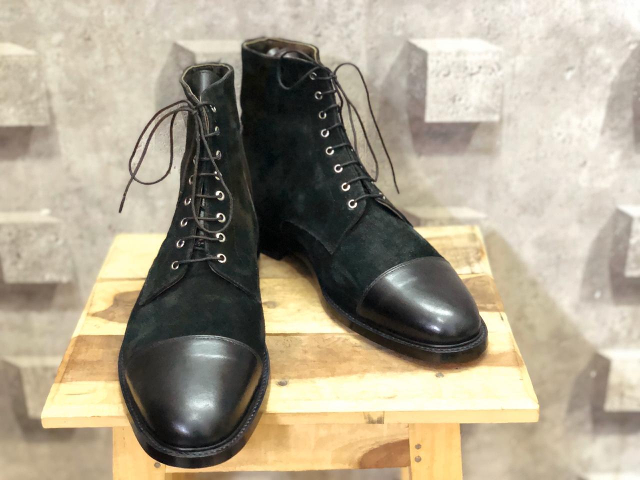 Handmade Men Black Leather Suede Cap Toe Lace Up Ankle Boots, Men Designer Boots