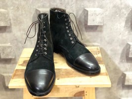 Handmade Men Black Leather Suede Cap Toe Lace Up Ankle Boots, Men Designer Boots - £125.37 GBP