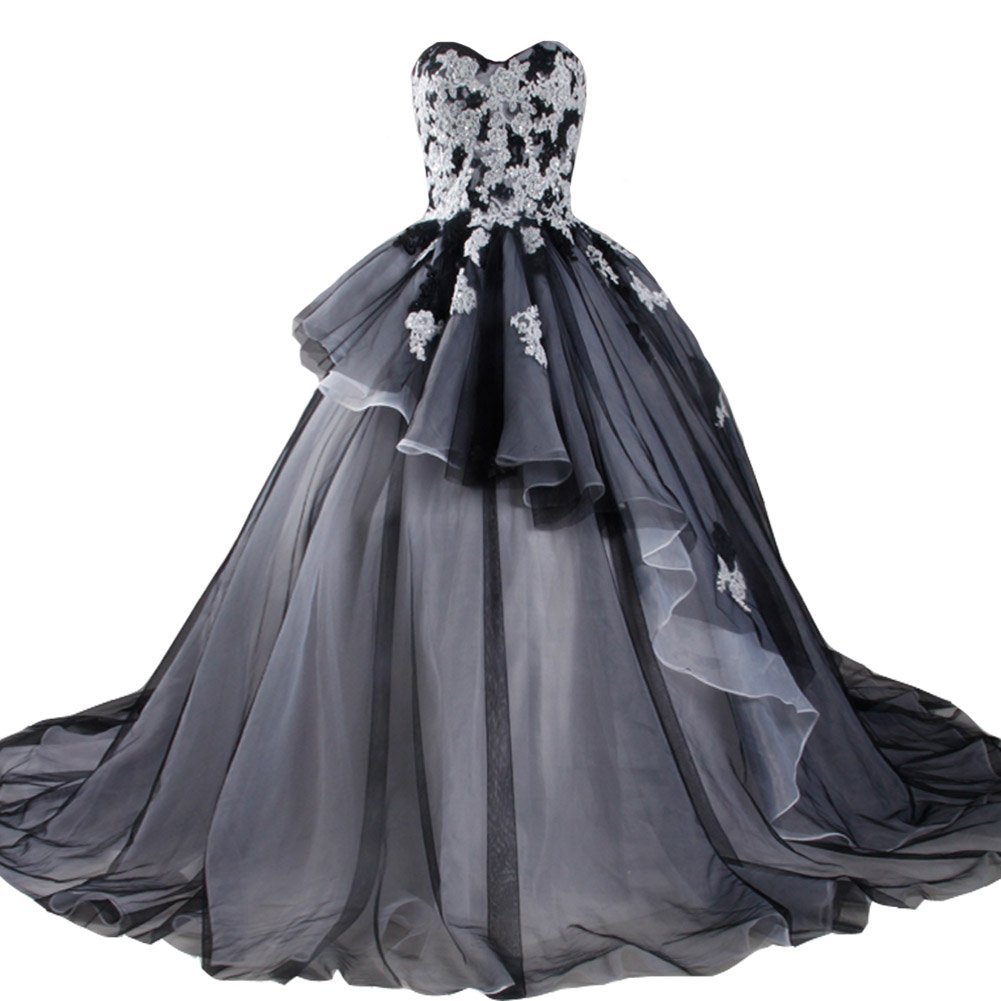 black and white corset wedding dress Black White Wedding Dress Lace Appliques Sweetheart Gothic Bridal Court  Train