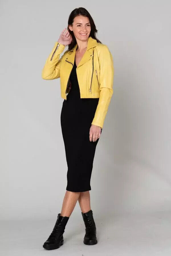 Stylish Womens Yellow Leather Jacket Real Lambskin Handmade Biker Motorcycle Item image 5