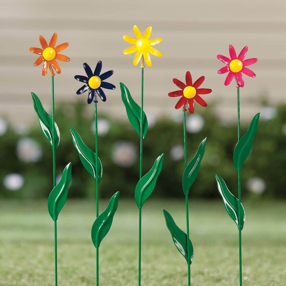 Primary image for Set of 5 Colorful Popup Daisy Bobble Head Metal Garden Stakes Outdoor Decoration