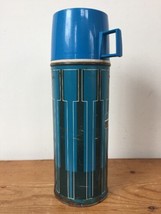 Vintage Mid Century Thermos Blue Picnic Geometric Metal Hot Cold Beverage Bottle - £31.96 GBP