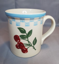 Folk Craft Folkcraft Coffee Mug Cherry Cherries Stoneware Blue Check 14 oz - £12.60 GBP